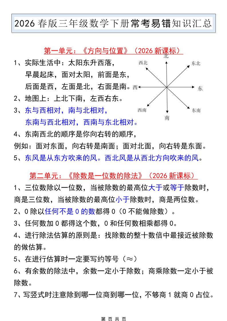 三年级下数学常考易错知识汇总《人教版》-谷进海小站