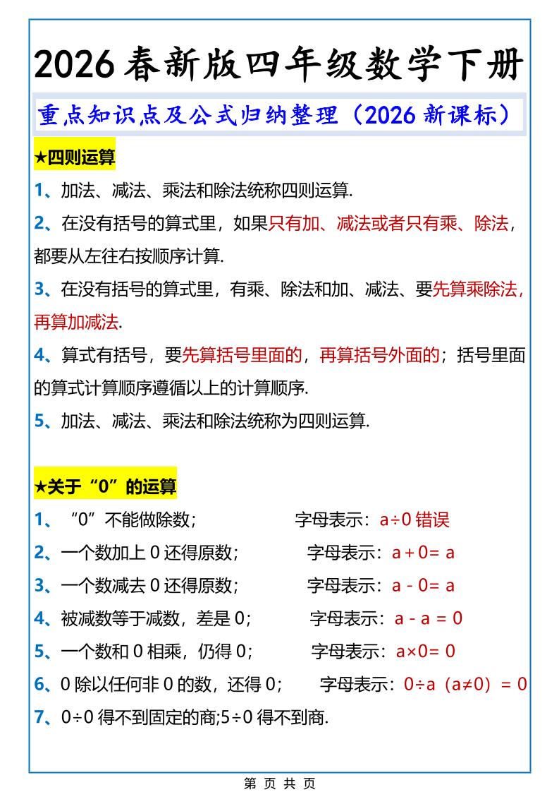 2026春新版四年级下数学重点知识点及公式《人教版》-谷进海小站