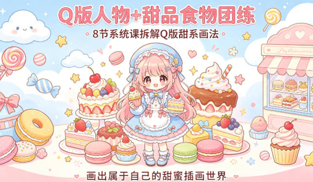 Q版人物+甜品食物团练，8节系统课拆解Q版甜系画法，画出属于自己的甜蜜插画世界-谷进海小站