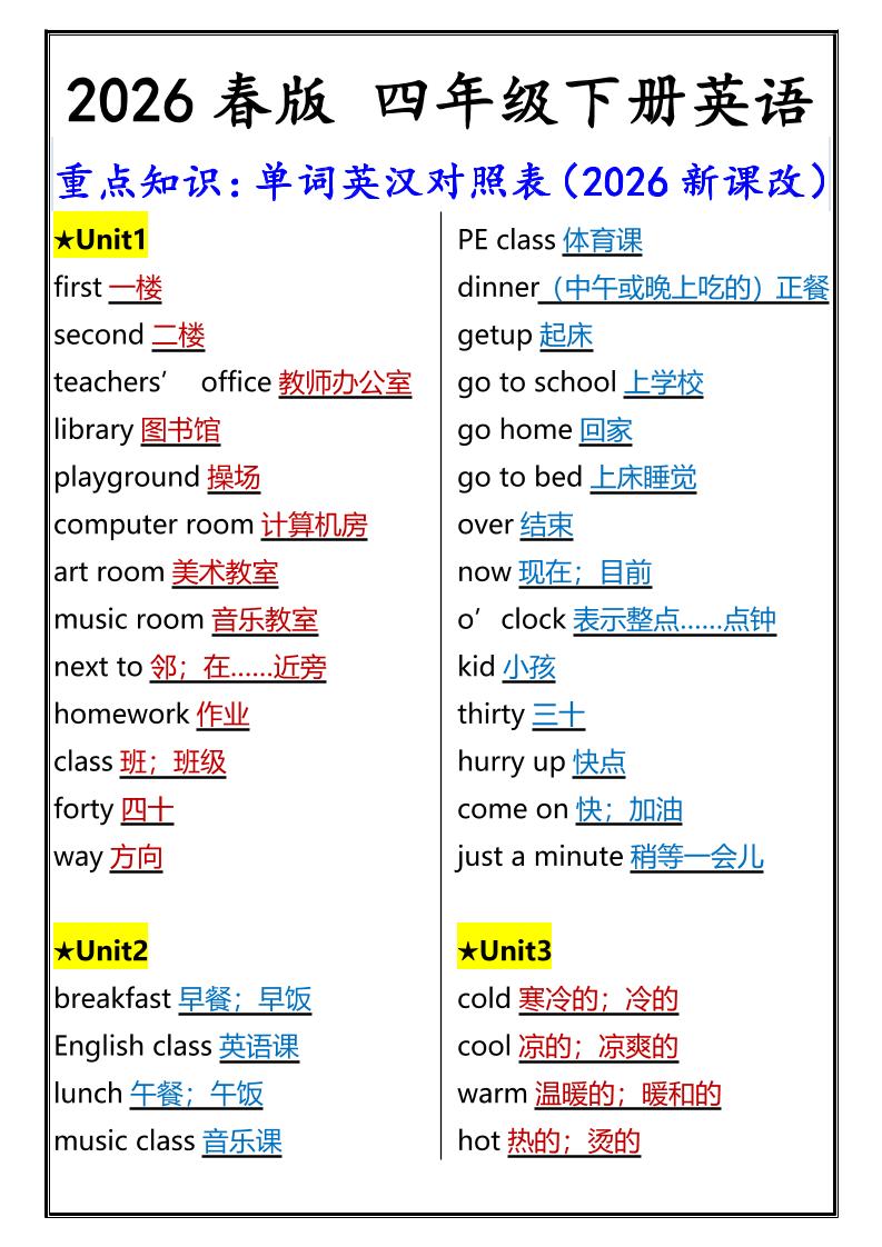 2026春新版四年级下英语重点知识：单词英汉对照表《人教版PEP》-谷进海小站