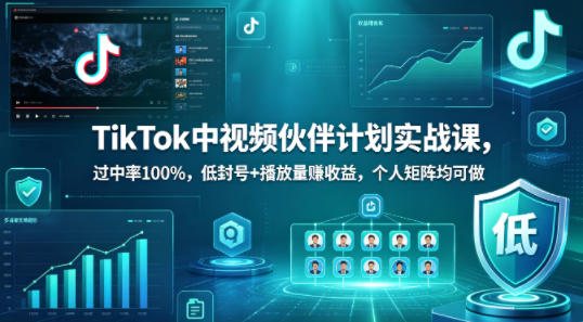 TikTok中视频伙伴计划实战课,过中率100%,低封号+播放量賺收益,个人矩阵均可做