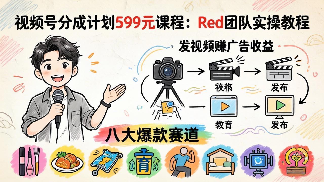 视频号分成计划599元课程：Red团队实操教程，发视频赚广告收益，八大爆款赛道全掌握-谷进海小站