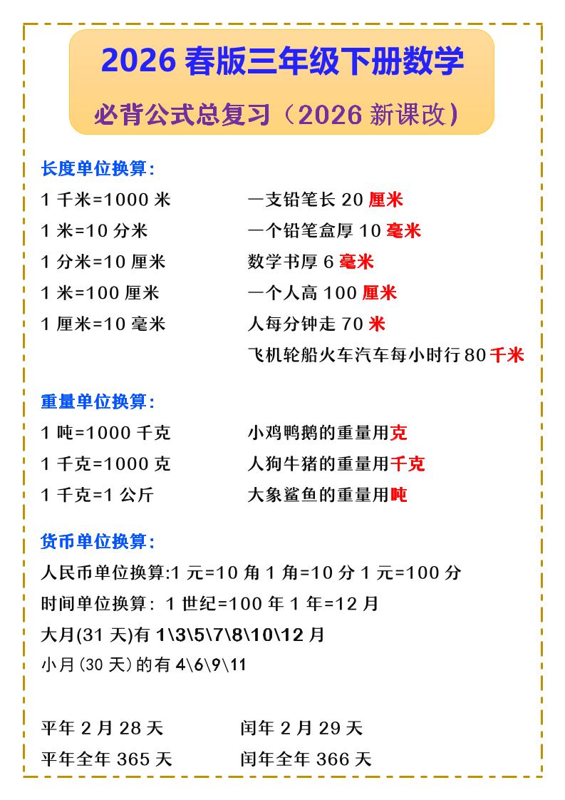 三年级下数学必背公式汇总《人教版》-谷进海小站