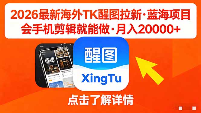 26年最新海外Tk醒图拉新，蓝海项目，会手机剪辑就可以做，月入20000＋-谷进海小站