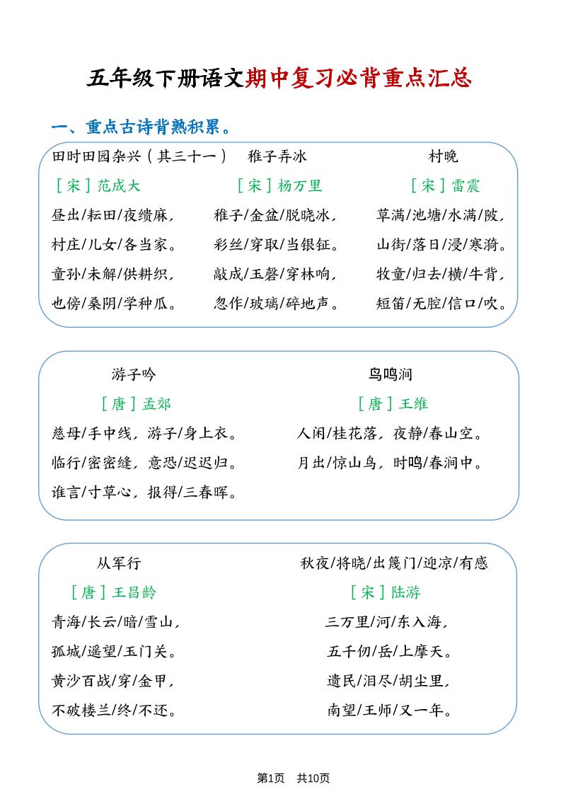 五年级下语文期中复习重点知识点汇总1-谷进海小站