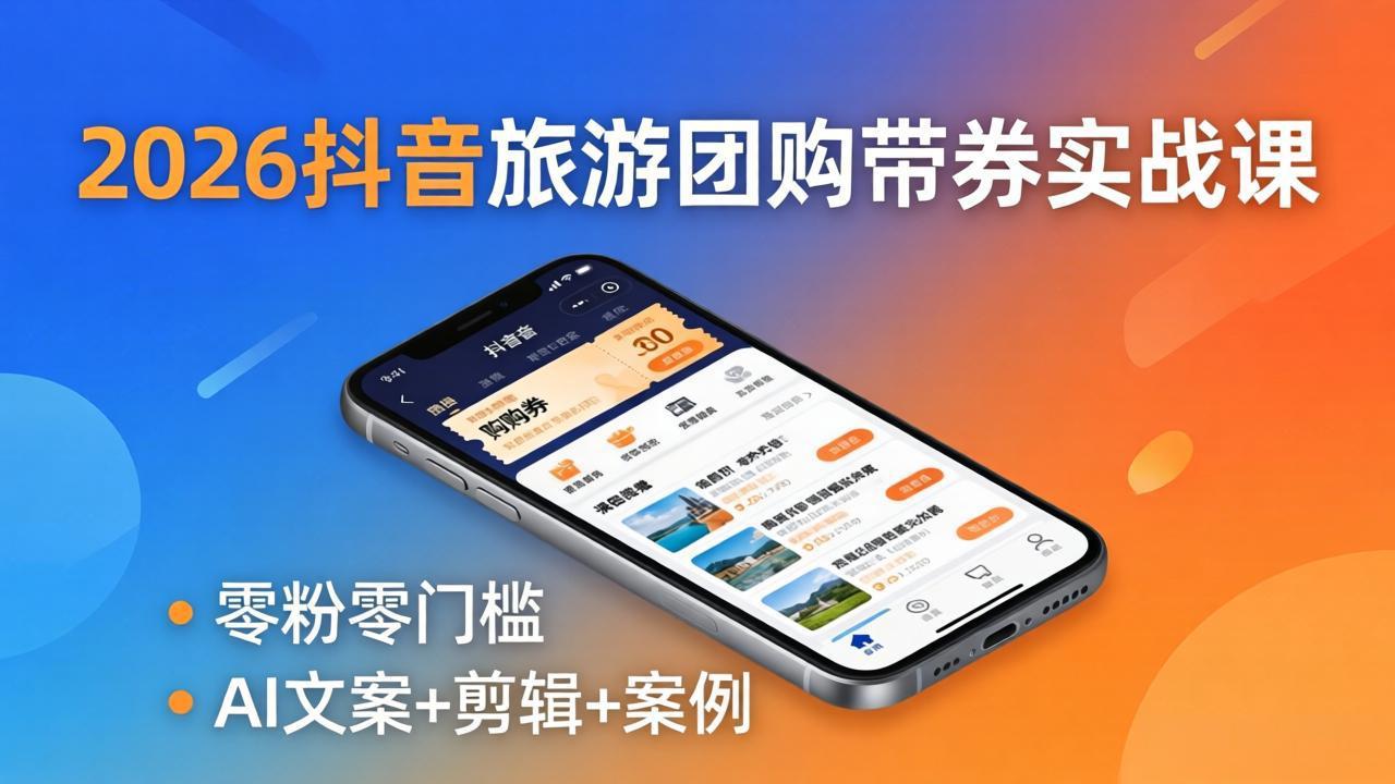 2026抖音旅游团购带券实战课：零粉零门槛，AI文案+剪辑+案例，躺着赚门票佣金-谷进海小站