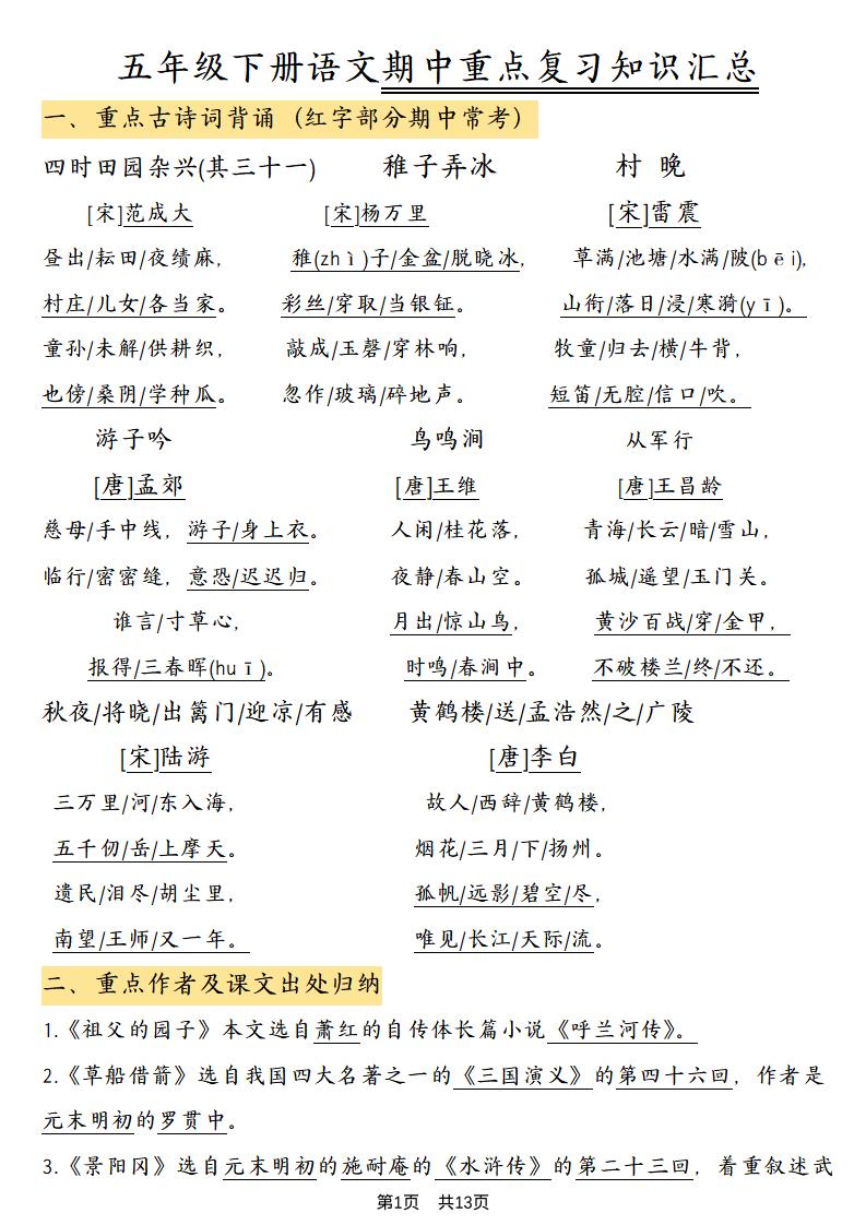五年级下语文期中重点复习知识汇总-谷进海小站