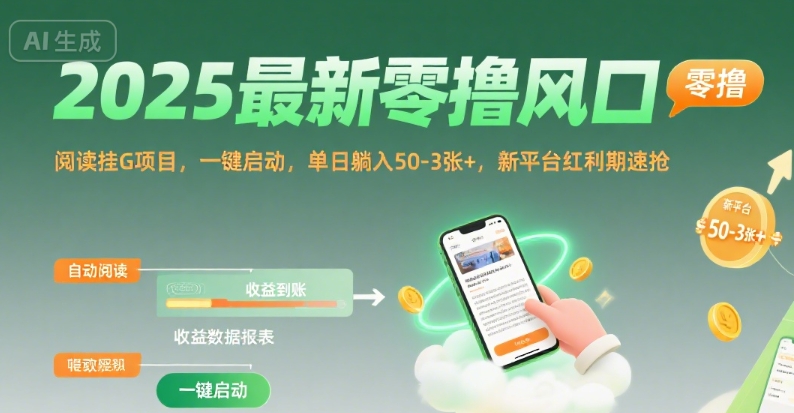 2025最新零撸风口，阅读挂G项目，一键启动，单日躺入 50-3张+，新平台红利期速抢【揭秘】-谷进海小站