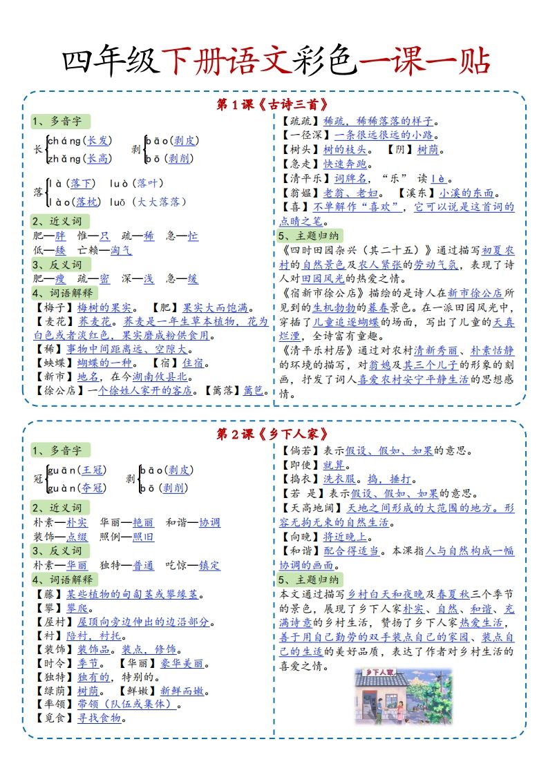 四年级下语文彩色一课一贴全-谷进海小站