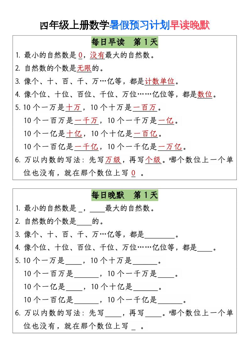 三升四数学暑假【早读晚默】-四上数学-谷进海小站