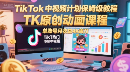 TikTok中视频计划保姆级教程，TK原创动画课程，单账号月收益4k美刀-谷进海小站