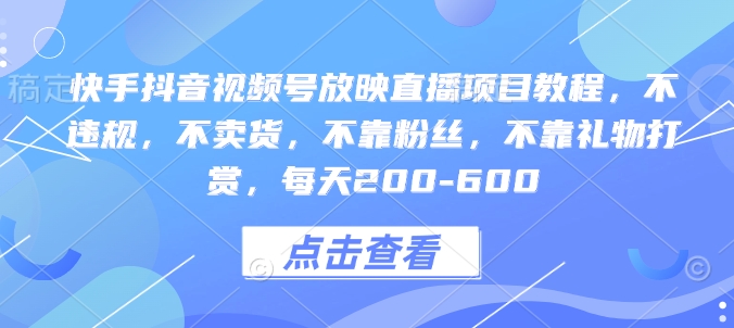 快手抖音视频号放映直播项目教程，不违规，不卖货，不靠粉丝，不靠礼物打赏，每天200-600-谷进海小站