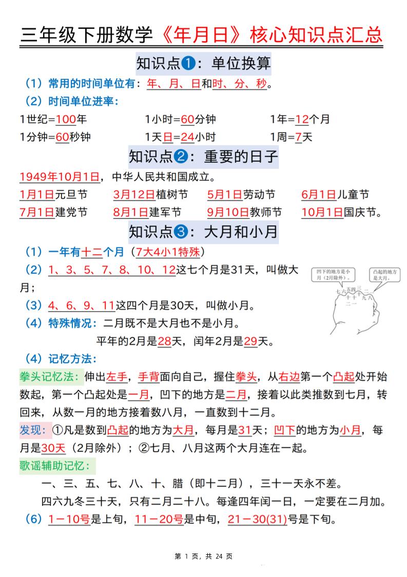 三下数学《年月日》核心知识点汇总+计算技巧+六大考点必刷题（练习+答案24页）-谷进海小站