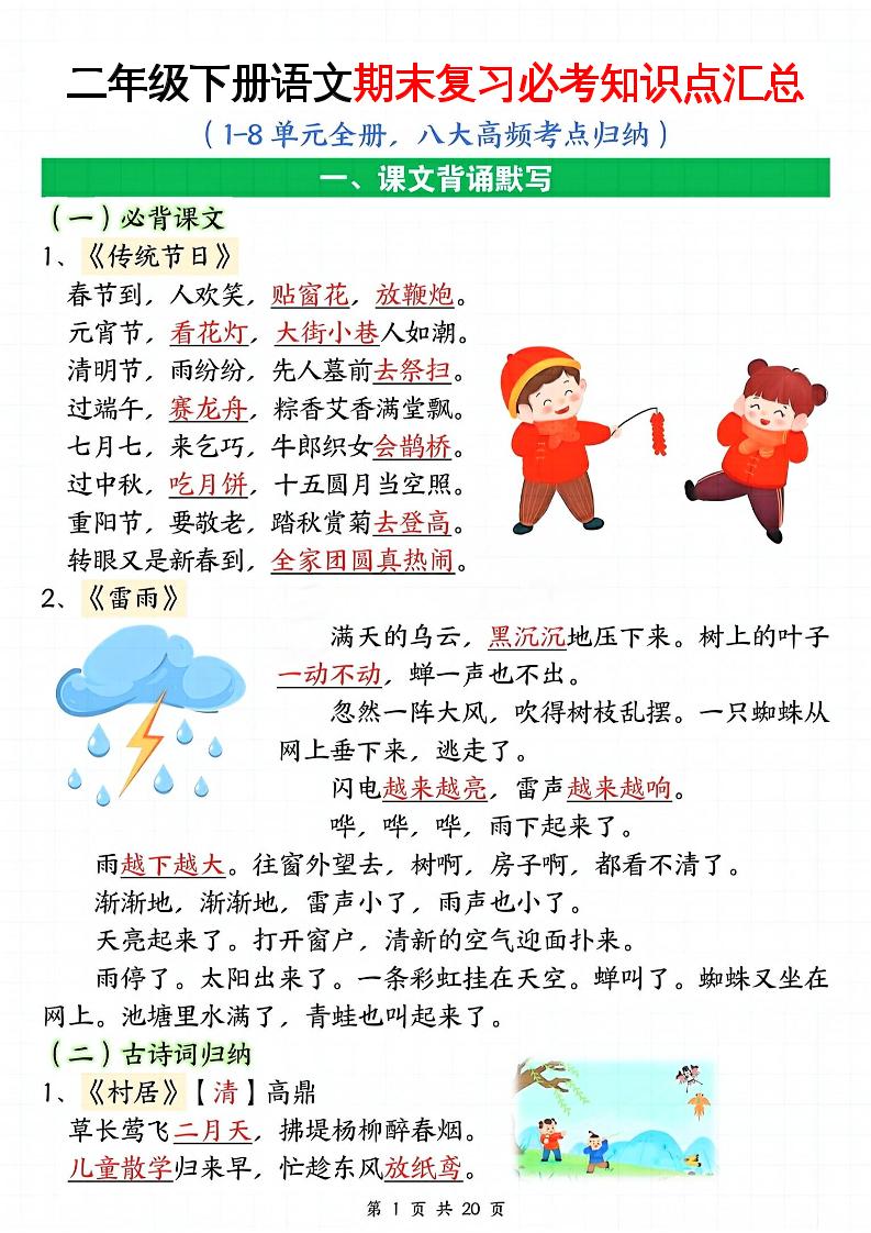二下语文期末复习全册必考知识点汇总（八大高频考点归纳）20页-谷进海小站