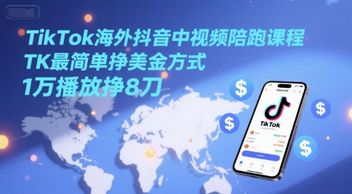 TikTok海外抖音中视频陪跑课程，TK最简单挣美金方式，1万播放挣8刀-谷进海小站