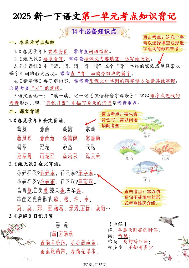 25新一下语文1-8单元考点知识背记（32页）-谷进海小站