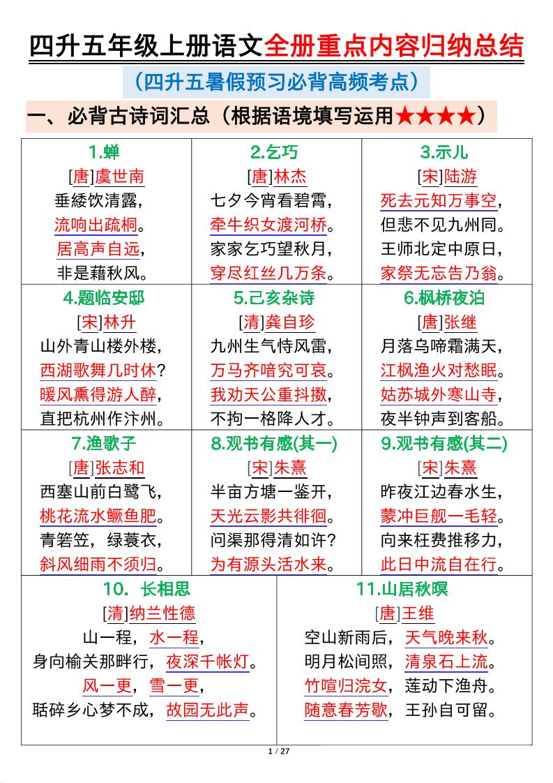 四升五年级上册语文全册重点内容归纳总结输出27页-五上语文-谷进海小站