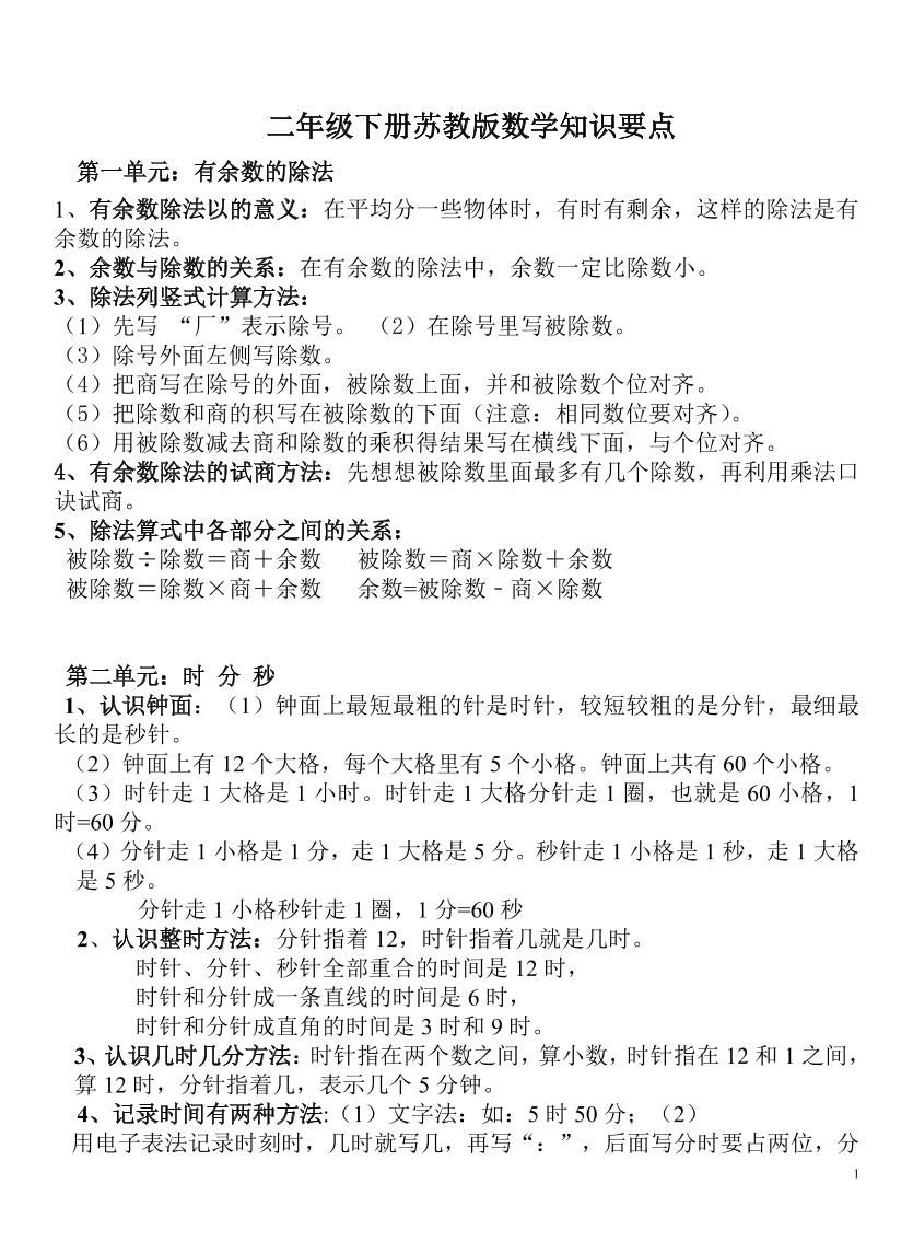 二下苏教版数学知识要点-谷进海小站