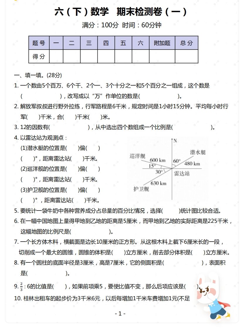 苏教版-六年级下册数学期末检测卷（一）-谷进海小站