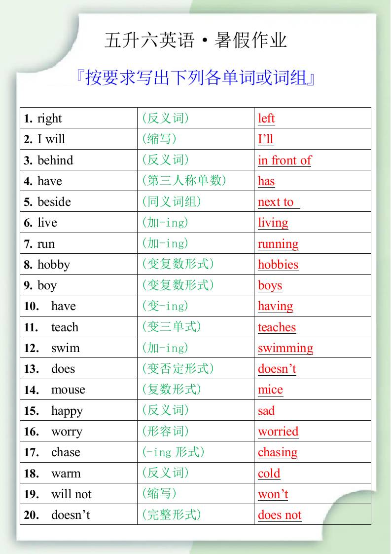 五升六英语暑假作业之按要求写出下列各单词或词组-六上英语-谷进海小站