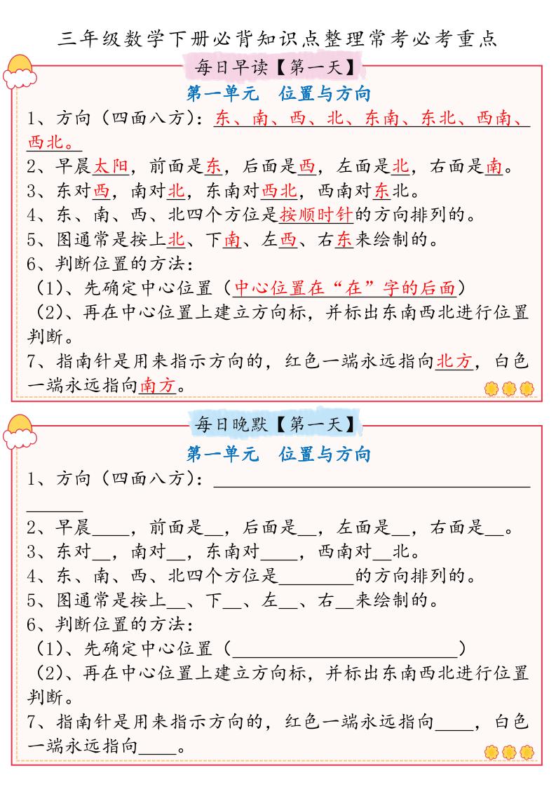 三年级数学下册必背知识点整理人教版(早读晚默)-谷进海小站