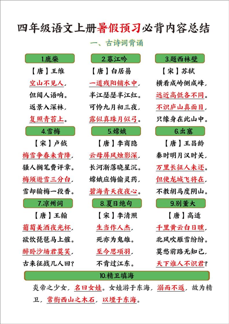 四年级语文上册暑假预习必背内容总结-谷进海小站