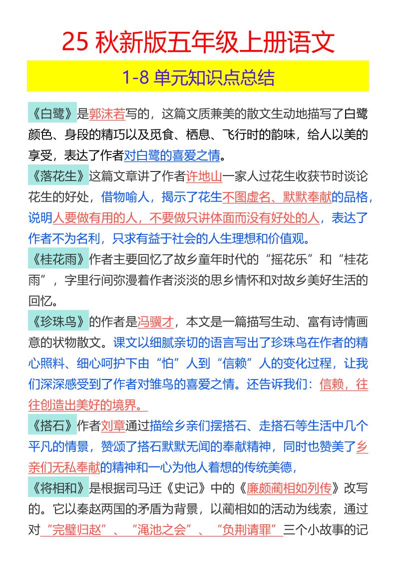 【2025秋新版】五年级上册语文1-8单元知识点总结-谷进海小站