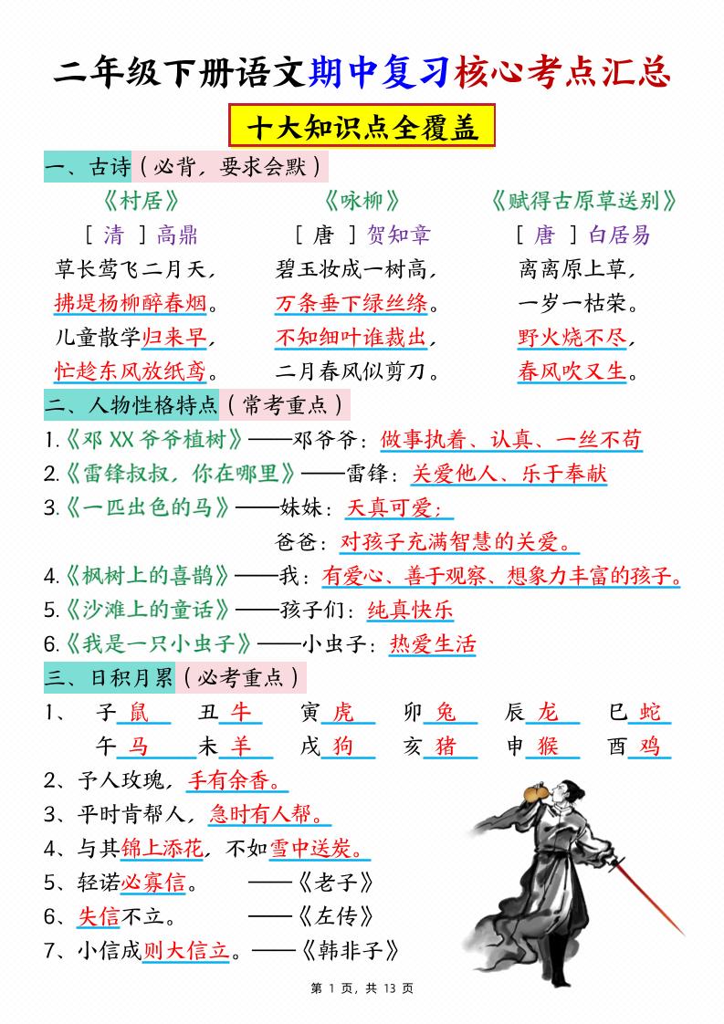 二下语文期中复习核心考点汇总（10大知识点）13页-谷进海小站