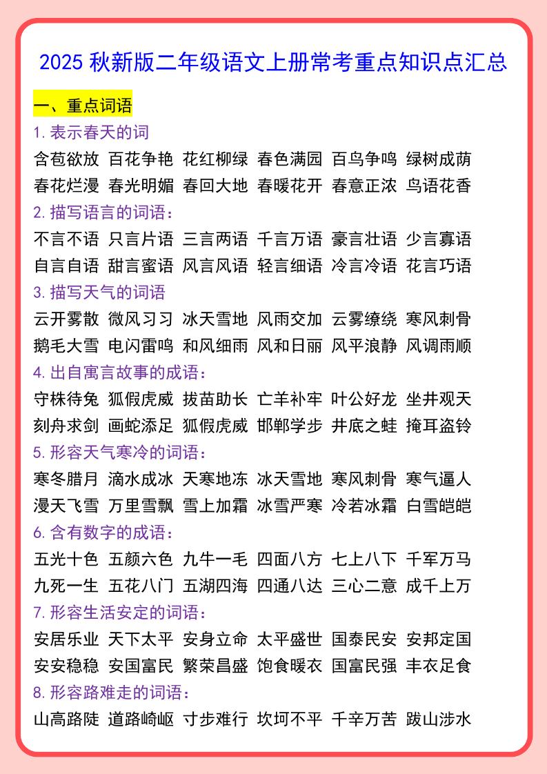 【2025秋新版】二年级语文上册常考重点知识点汇总-谷进海小站