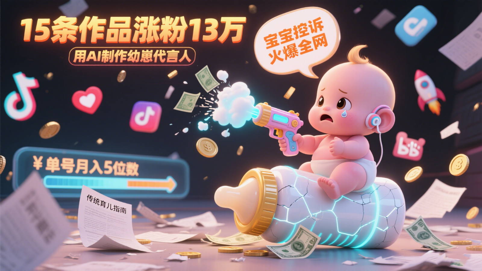 用AI制作幼崽代言人，宝宝的控诉火爆全网，15条作品涨粉13万，单号月入5位数实操教程-谷进海小站