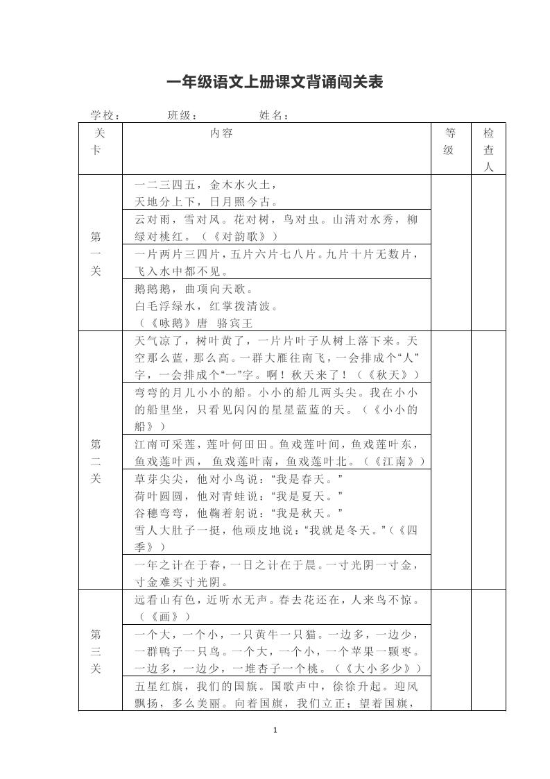 一年级上册语文背诵课文内容及闯关表-谷进海小站