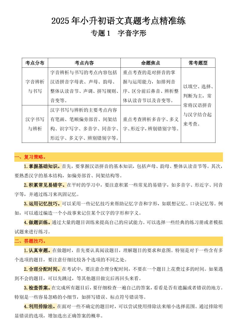 小升初语文备考真题分类汇编专题1字音字形-谷进海小站