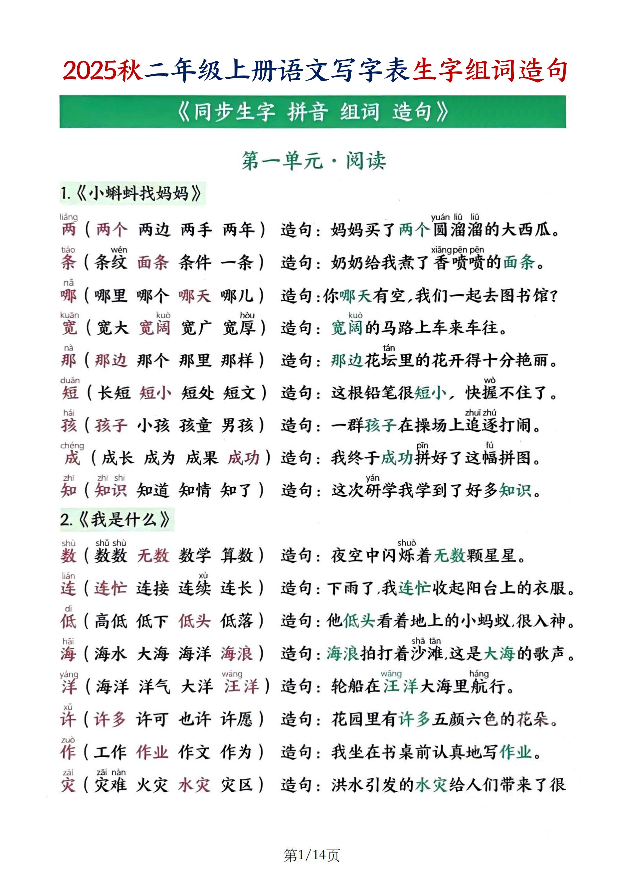 25秋二上语文写字表生字组词造句（14页）-谷进海小站