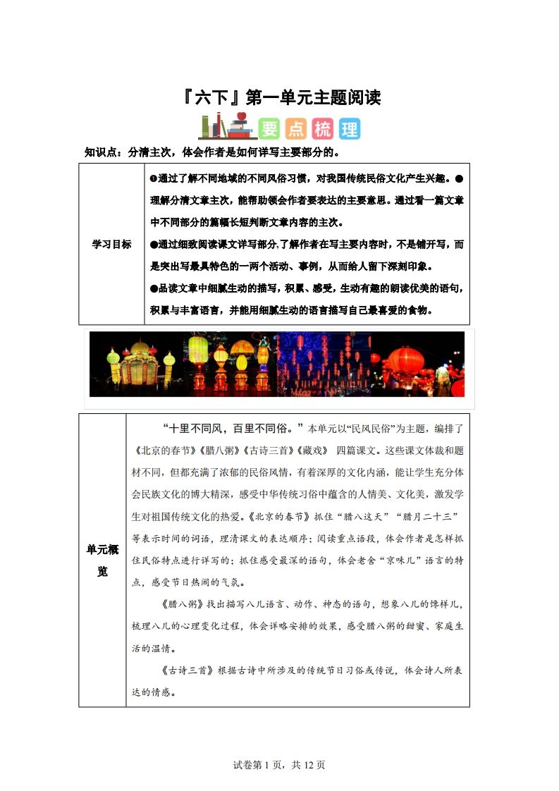 【主题阅读】统编版语文六年级下册第一单元“民风民俗”（主题阅读）-谷进海小站
