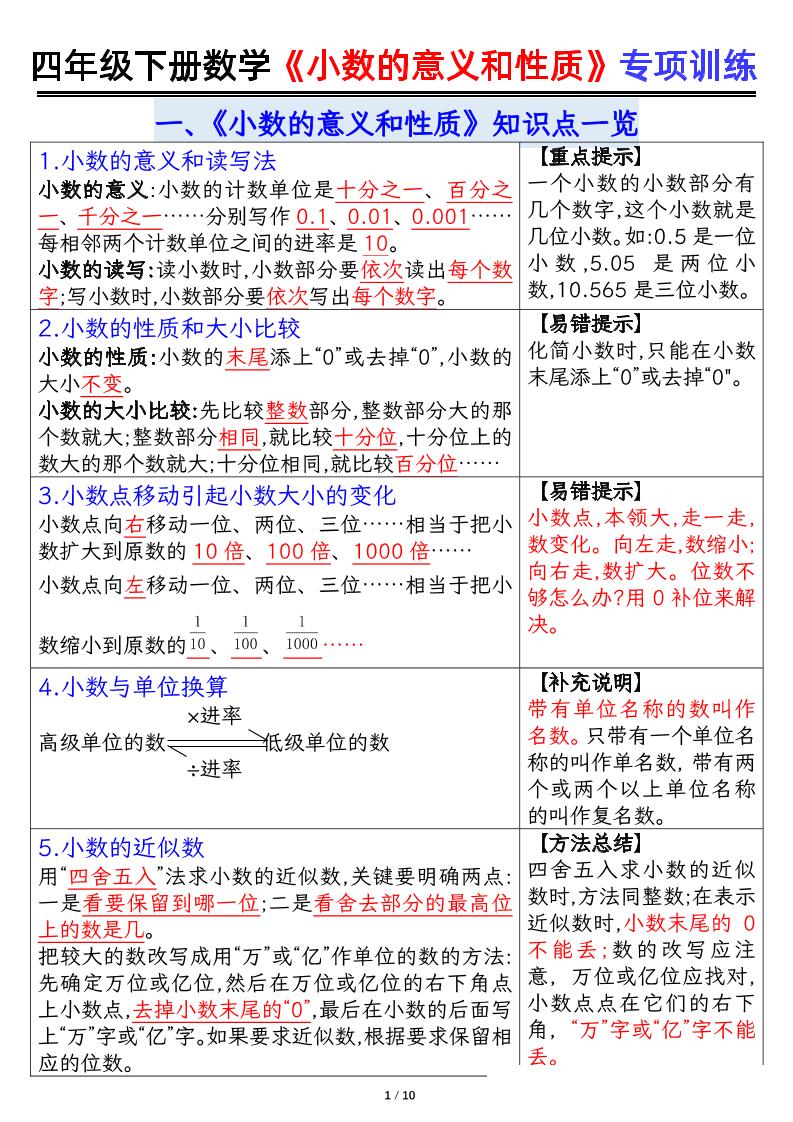四下数学【小数的意义（答案）】-谷进海小站