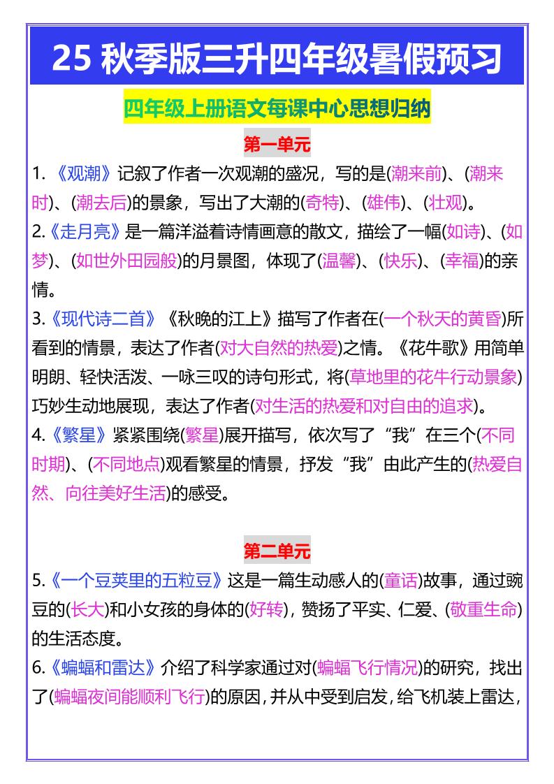 【2025秋新版】四年级上册语文每课中心思想归纳-谷进海小站