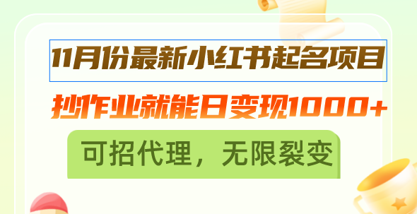 11月份最新小红书起名项目，抄作业就能日变现1000+，可招代理，无限裂变-谷进海小站