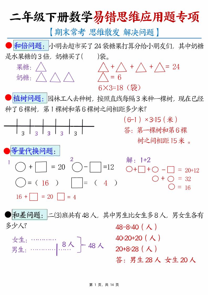 二下数学易错思维应用题专项（28道母题）练习+答案版14页-谷进海小站