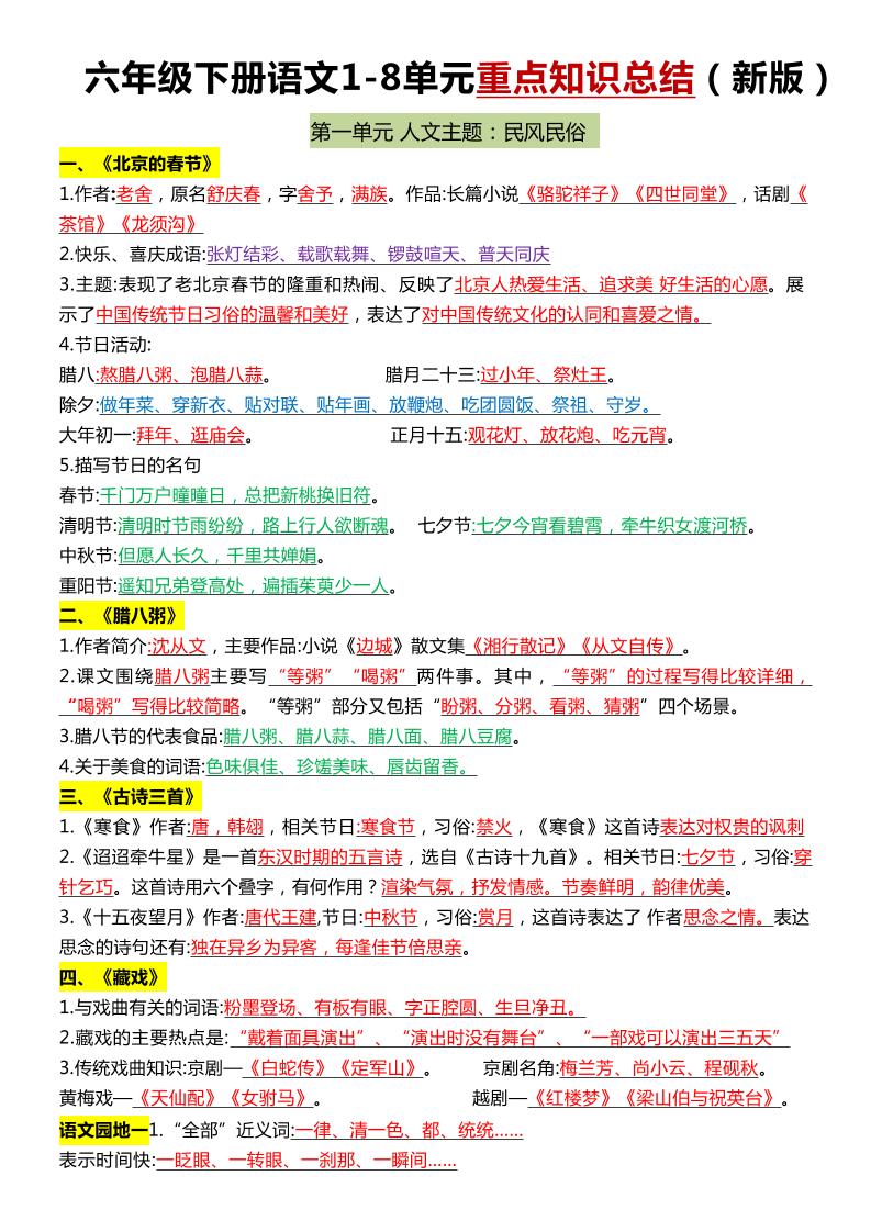 六年级下语文1-8单元常考知识点总结-谷进海小站